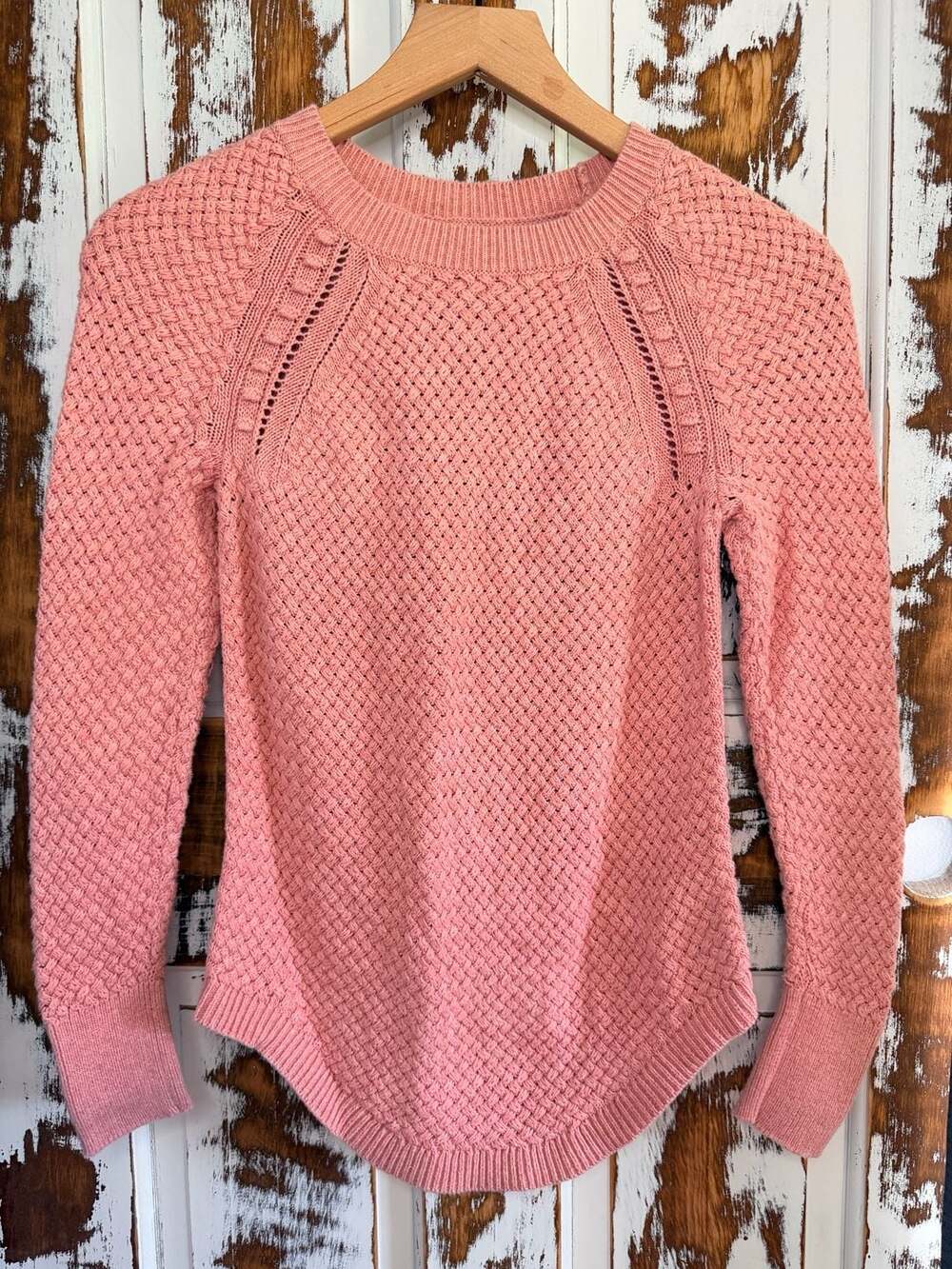 Loft Womens Basket Knit Long Sleeve Sweater Size XS Pink Cotton Crewneck